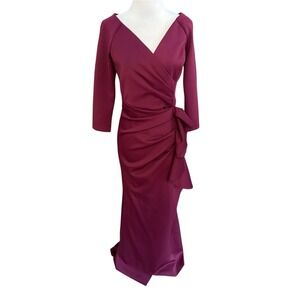 Xscape Wine Burgundy Ruched Ruffle V-Neck Evening Gown Dress Women's Size 6 NWT